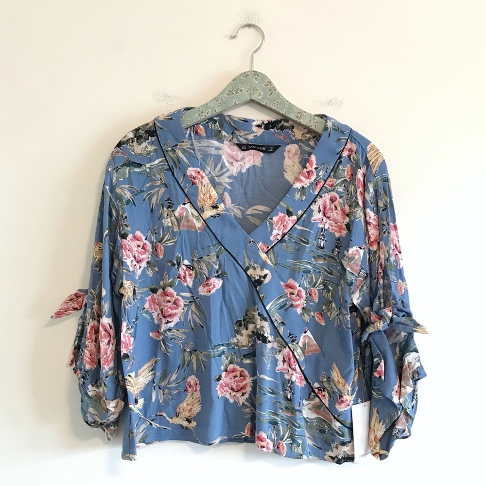 NWT Zara Faux Wrap Blue Floral Kimono Top